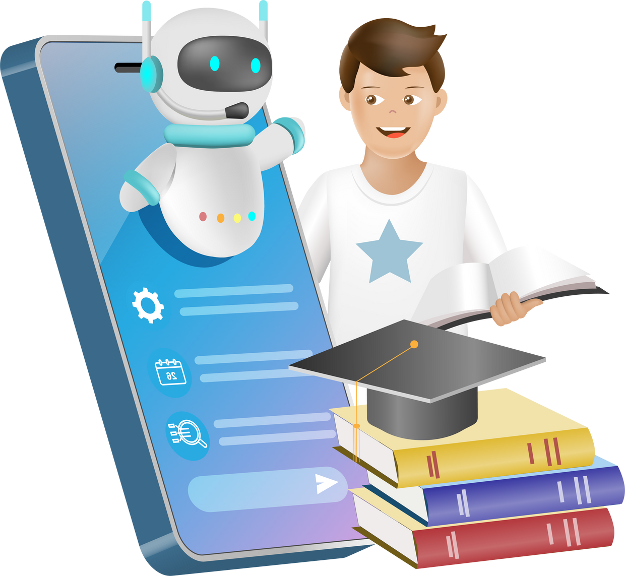 AI chat bot on smartphone assist kid student doing homework assignment. Artificial intelligence robot generates information and summarize knowledge to accomplish tasks in smart solution. Education Technology.
